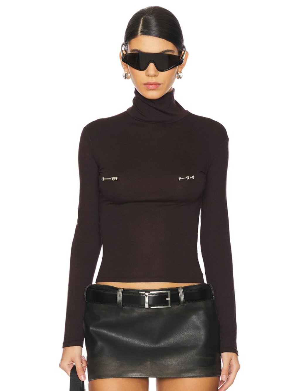 NEW LADO BOKUCHAVA Pierced Turtleneck Top in Chocolate Brown Long Sleeve Shirt